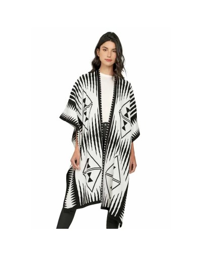 OMA566U01 Ruana Larga Étnica 2 Colores Doble Faz Color Negro Marfil Talla Unica