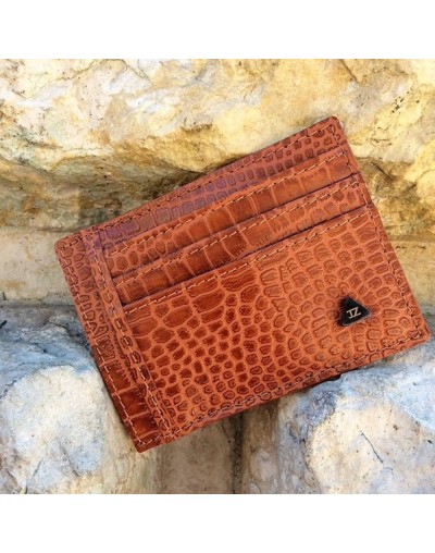 Billetera portatarjetas de hombre Lorenzo en piel color cognac y pinza para billetes 