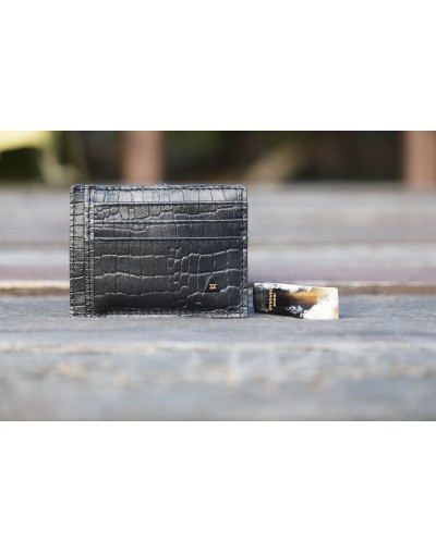 Billetera portatarjetas de hombre Lorenzo en piel color negro y pinza para billetes 