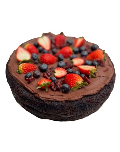 Brownie vegano de guatila y cubios de Cacao con arequipe de almendras y frutos rojos