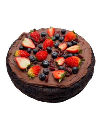 Brownie vegano de guatila y cubios de Cacao con arequipe de almendras y frutos rojos