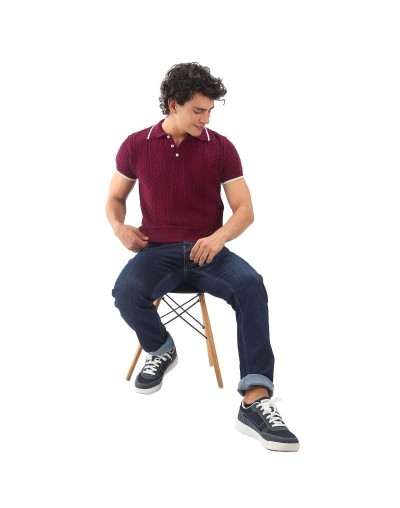 MHA824 Camiseta Polo Cuadros 3 Botones Color Vinotinto Talla S M L XL