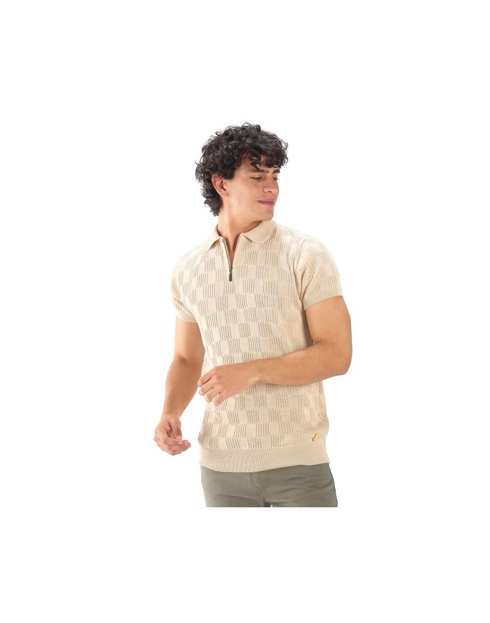 MHC813 Camiseta Polo Cuadro Canales Cremallera Color Beige Talla S M L XL