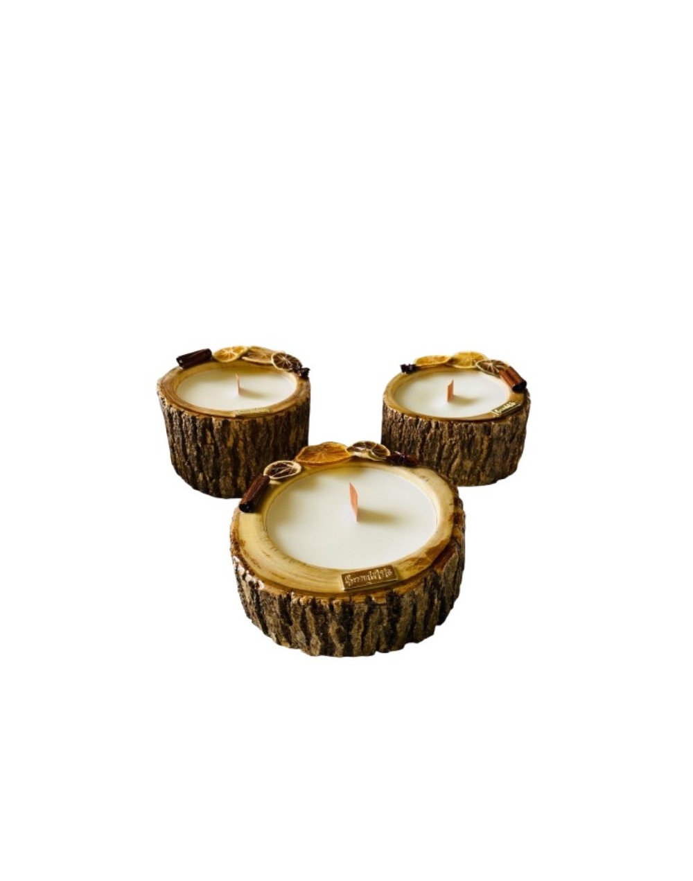 Set de 3 Velas en tronco de madera - CITRICOS