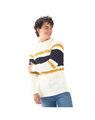 EHC809 Saco 3 Rayas Tejido Ladrillo Color Marfil Azul Mostaza Talla S M L XL