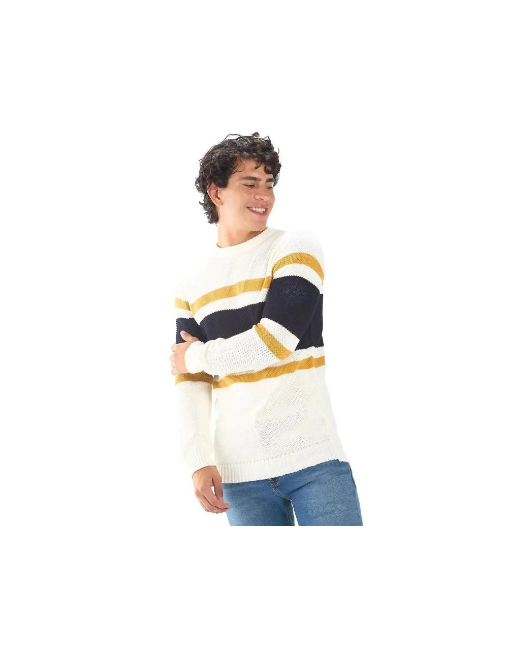 EHC809 Saco 3 Rayas Tejido Ladrillo Color Marfil Azul Mostaza Talla S M L XL