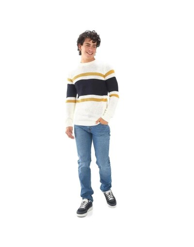 EHC809 Saco 3 Rayas Tejido Ladrillo Color Marfil Azul Mostaza Talla S M L XL