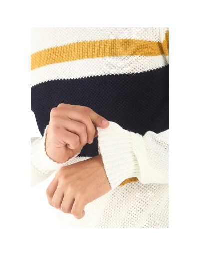 EHC809 Saco 3 Rayas Tejido Ladrillo Color Marfil Azul Mostaza Talla S M L XL