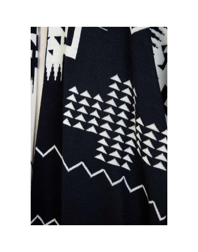 OMA782 Ruana Artesanal Capota Pirámides Doble Faz Color Azul Oscuro Marfil Talla Unica 