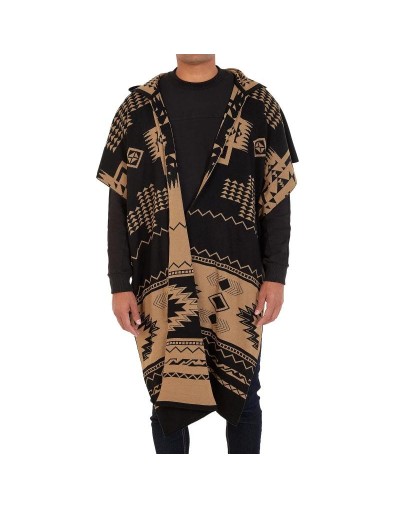 OMA782 Ruana Artesanal Capota Pirámides Doble Faz Color Negro Camel Talla Unica 