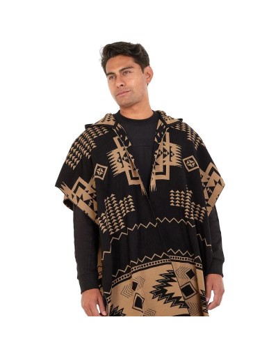 OMA782 Ruana Artesanal Capota Pirámides Doble Faz Color Negro Camel Talla Unica 