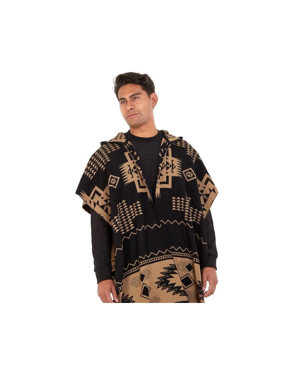 OMA782 Ruana Artesanal Capota Pirámides Doble Faz Color Negro Camel Talla Unica 