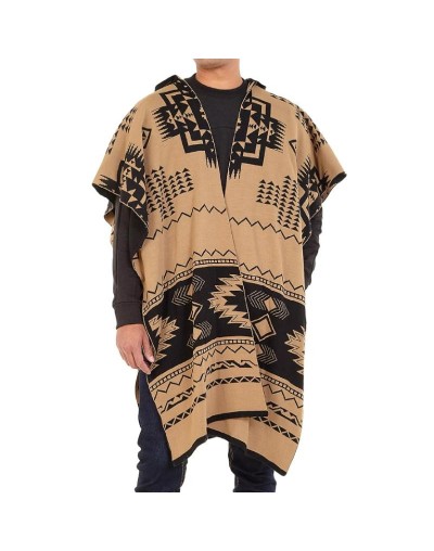 OMA782 Ruana Artesanal Capota Pirámides Doble Faz Color Negro Camel Talla Unica 