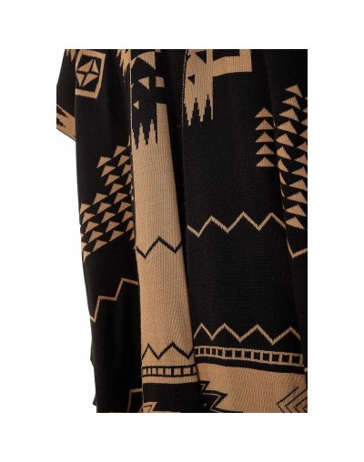 OMA782 Ruana Artesanal Capota Pirámides Doble Faz Color Negro Camel Talla Unica 