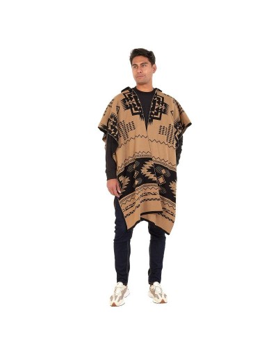 OMA782 Ruana Artesanal Capota Pirámides Doble Faz Color Negro Camel Talla Unica 