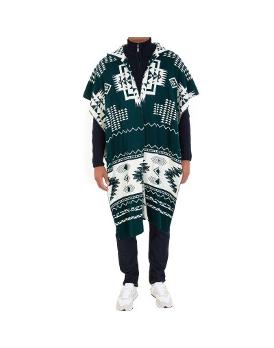 OMA782 Ruana Artesanal Capota Pirámides Doble Faz Color Verde Marfil Talla Unica 