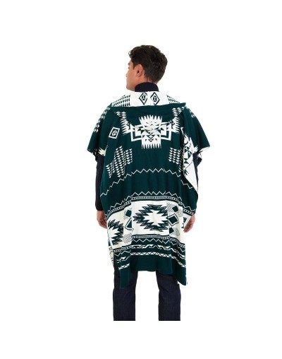 OMA782 Ruana Artesanal Capota Pirámides Doble Faz Color Verde Marfil Talla Unica 