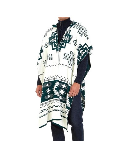OMA782 Ruana Artesanal Capota Pirámides Doble Faz Color Verde Marfil Talla Unica 