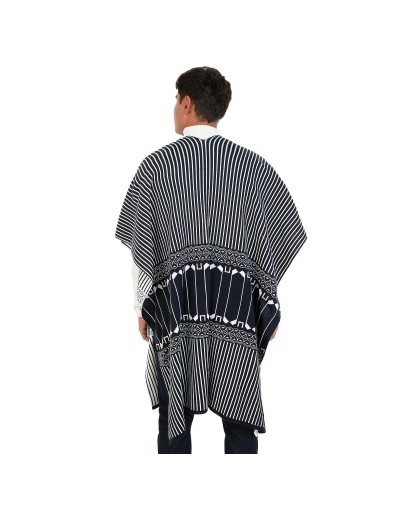 OMA778 Ruana Rayas Étnica Doble Faz Color Azul Marfil Talla Unica
