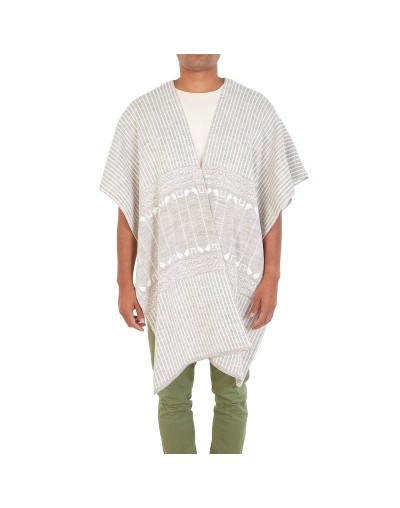 OMA778 Ruana Rayas Étnica Doble Faz Color Beige Marfil Talla Unica