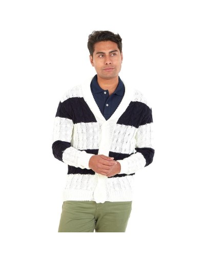 DHA774 Cardigan Trenzado Rayas Color Marfil Azul Oscuro Talla S M L XL