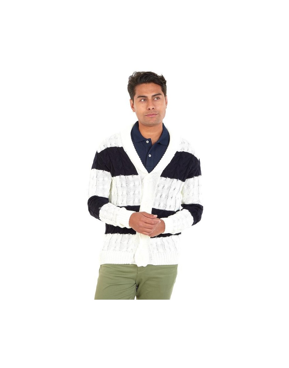 DHA774 Cardigan Trenzado Rayas Color Marfil Azul Oscuro Talla S M L XL