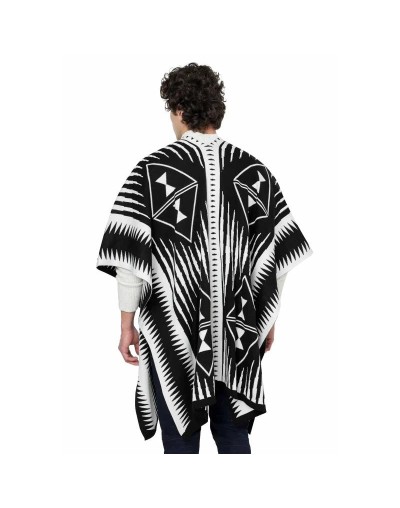 OMA566 Ruana Larga Étnica 2 Colores Doble Faz Color Negro Marfil Talla Unica