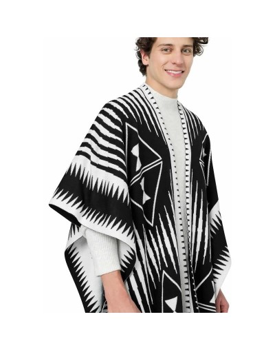 OMA566 Ruana Larga Étnica 2 Colores Doble Faz Color Negro Marfil Talla Unica