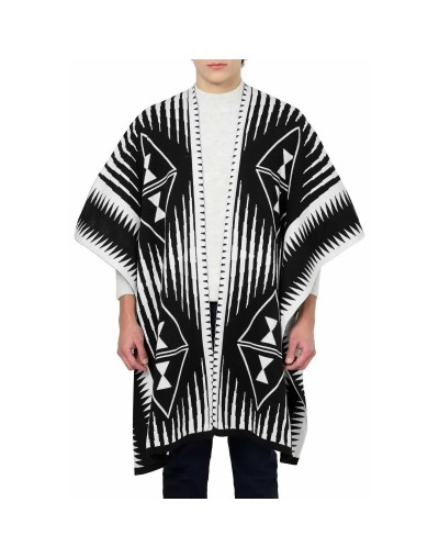 OMA566 Ruana Larga Étnica 2 Colores Doble Faz Color Negro Marfil Talla Unica