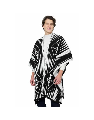 OMA566 Ruana Larga Étnica 2 Colores Doble Faz Color Negro Marfil Talla Unica