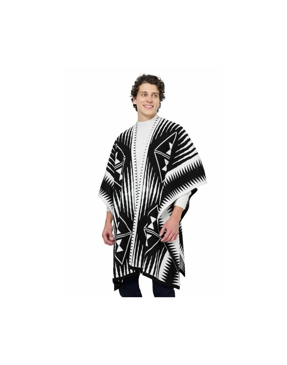 OMA566 Ruana Larga Étnica 2 Colores Doble Faz Color Negro Marfil Talla Unica