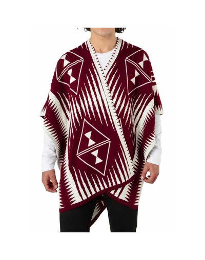 OMA566 Ruana Larga Étnica 2 Colores Doble Faz Color Vinotinto Marfil Talla Unica