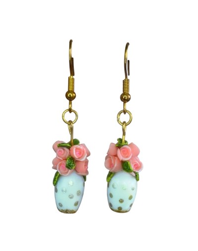 Aretes Mini jarrones con rosas color salmón