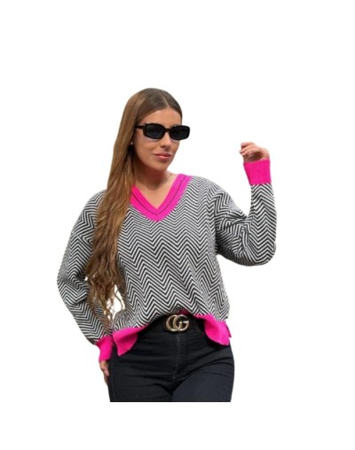 Suéter mujer cuello V | Color Negro x Marfil con Neón | Tejido de Punto
