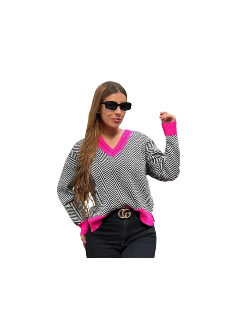 Suéter mujer cuello V | Color Negro x Marfil con Neón | Tejido de Punto