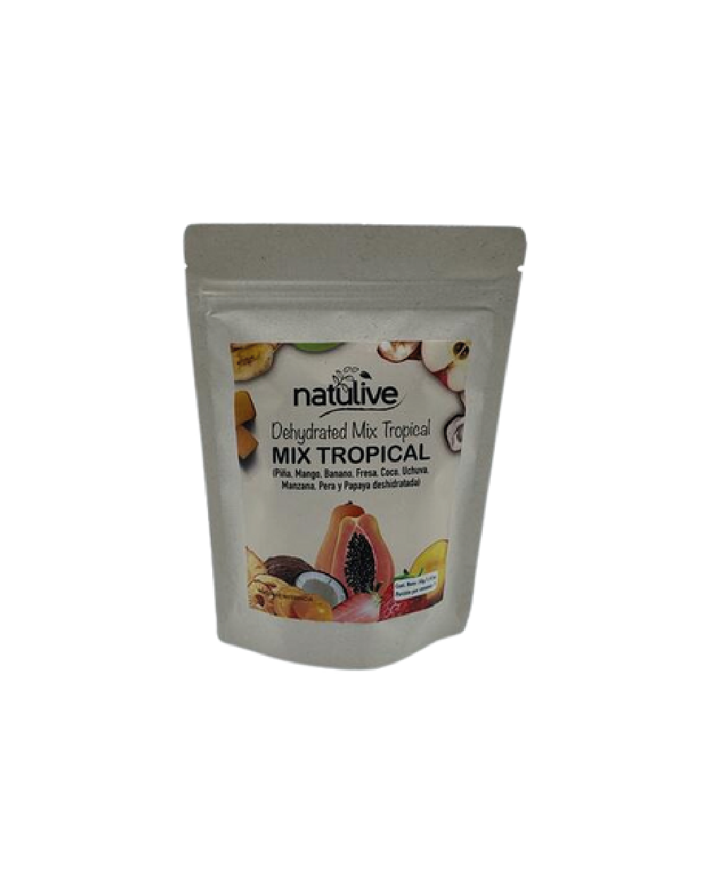 Mix frutos tropicales Deshidratados (Piña, mango, banano, fresa, coco, uchuva, manzana, pera, papaya) 50g