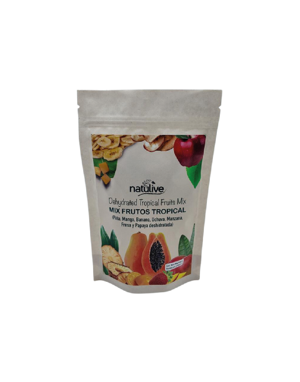 Mix frutos tropicales Deshidratados (Piña, mango, banano, fresa, coco, uchuva, manzana, pera, papaya) 100g