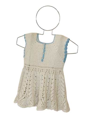 VESTIDO BLANCO CON BORDES AZULES PARA  NIÑA