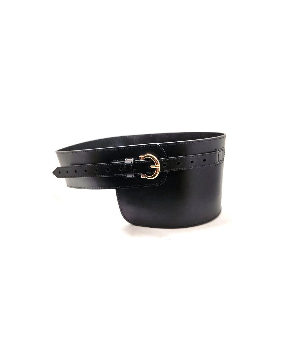 Fajon ancho liso en cuero color negro con hebilla dorada